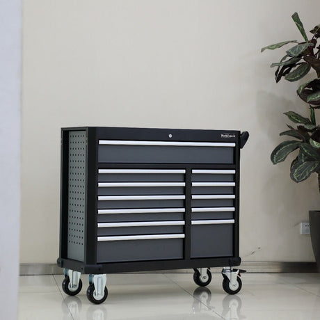RackZone 12 Drawer Industrial Cabinet with castors on a tiled floor.