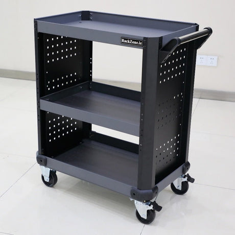 RackZone 3 Tier Service Tool Cart with caster wheels on a tiled floor.
