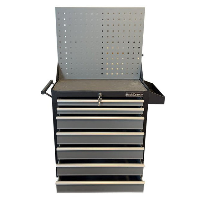 RackZone Modular Workstation Trolley c/w Pegboard, 6 drawers, side tray.