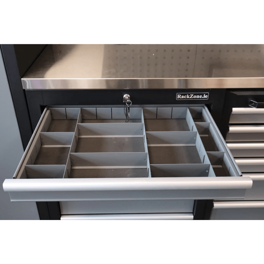 RackZone Modular Workstation Drawer Dividers for small drawers under steel top.