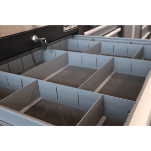 RackZone Modular Workstation Drawer Dividers: small gray drawer with lock.