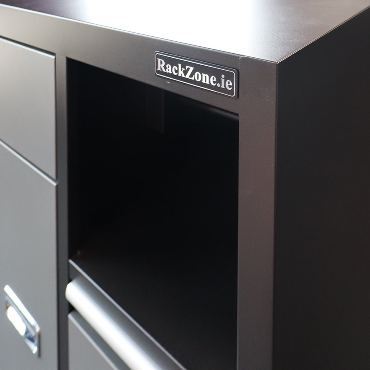 RackZone Modular Base Cabinet with dustbin & paper towel holder for workspaces.