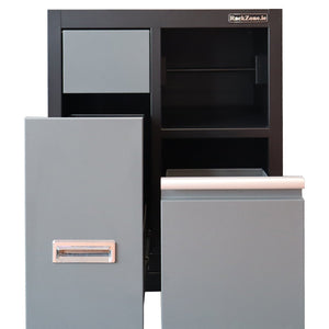 Two gray drawers open in RackZone’s modular base with dustbin & towel holder.