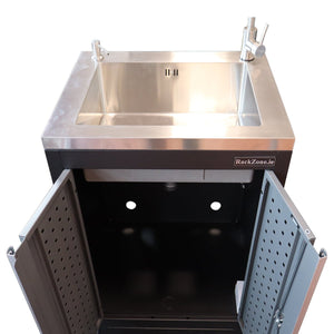 RackZone Modular Workstation Base Cabinet with stainless sink & tap installed.