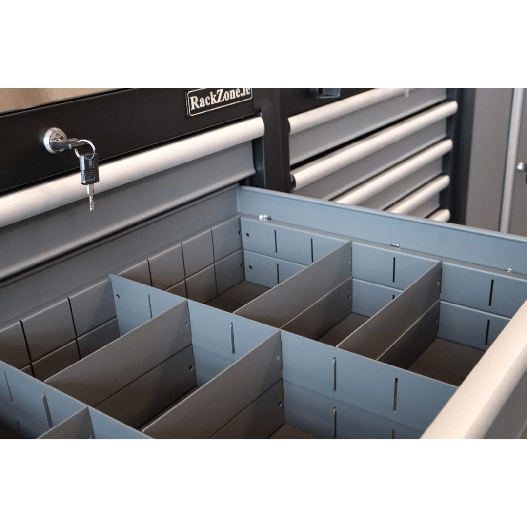 RackZone Modular Workstation Drawer Dividers with key lock and customizable compartments.