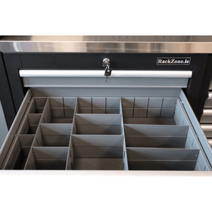 RackZone Modular Workstation Dividers organize small items in medium drawers.