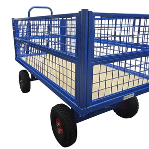 RackZone heavy-duty platform truck with mesh sides and large black wheels.