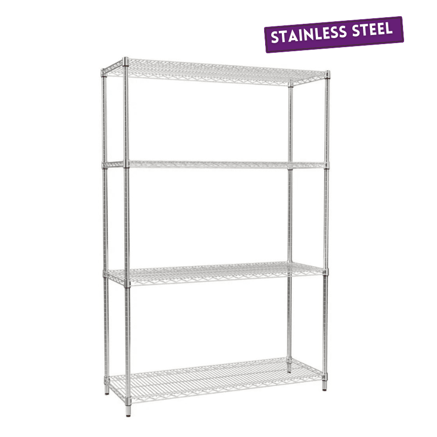 RackZone 4-level wire stainless steel shelving, 1830h x 1212w x 458d, 300kg UDL.