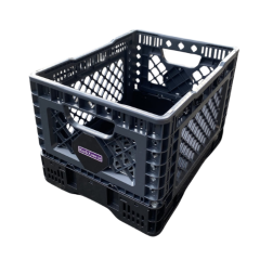The Foldable Crate 400d x 300w x 260h Grey 25L, featuring open lattice sides and built-in handles, is shown against a white background.