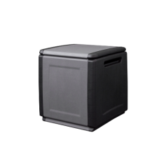 The Plastic Trunk 540w x 530d x 570h, 130 Litre, is a gray rectangular storage box with black trim, indented side panels, and a secure-fitting lid—ideal for reliable outdoor storage.