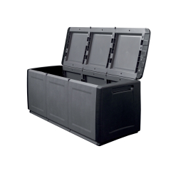 The Plastic Trunk 1380w x 530d x 570h 330 Litre is a durable black and gray outdoor storage box with three front panels and built-in side handles, ideal for organizing your space.