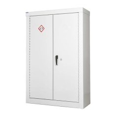 The Acid & Alkali Cupboard (1800H x 1200W x 460D) features a white metal body, double doors with black handle and lock, hazardous material warning on the upper left door, and comes with 3 shelves for secure storage of caustic substances.