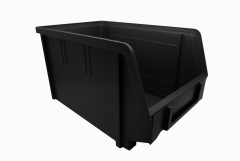 The Storage Part Bins Art 103 Eurobox is a black, rectangular bin with an open front design and grip handle. Made from durable plastic with a smooth finish and slightly flared sides, its ideal for organizing and storing items. It is stackable to ensure ef