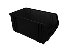 The Storage Part Bins Art 104 Eurobox, measuring 149h x 205w x 335d, sits against a white background. With sturdy sides and an open top, this versatile and strong black plastic container is ideal for various organizational needs. Quantity available: 21.