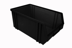 The Storage Part Bins Art 105 Eurobox, measuring 177h x 305w x 480d, is a set of 12 large black bins with open tops and slanted front edges. They are stackable with smooth surfaces and side handles for easy carrying, making them ideal for organizing or st