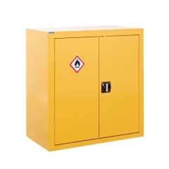 The yellow Hazardous Cupboard (900h x 900w x 460d mm), with double doors, a black handle, and flammable materials warning sign, includes 1 shelf and helps you comply with COSHH regulations.