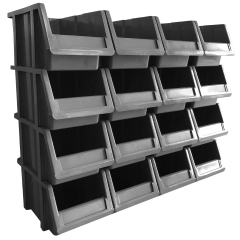 A stackable grey Storage Part Bins PA315 organizer, 150h x 173w x 307d mm in size, featuring sixteen open-front compartments.