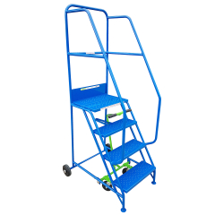 The Industrial 04 tread mobile step (2000h x 850w x 1040l, platform 1000mm high) features handrails, four safety steps, and two wheels for easy movement—ideal for accessing warehouse racking.