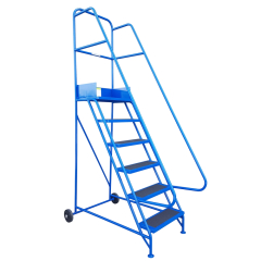 The Industrial 06 tread mobile step NARROW AISLE (2500h x 630w x 1360l, platform 1500mm high) features handrails, rear wheels for easy movement, and is ideal for navigating narrow warehouse or factory aisles.