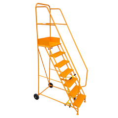 The Industrial 07 tread mobile step (2750h x 850w x 1450 long) features six steps, handrails, rear wheels for mobility, and a 1750mm high platform—ideal for safe warehouse access.