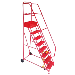 Blue industrial 8-tread narrow aisle mobile steps (2750h x 630w x 1510l) with a 2000mm high platform, handrails on both sides, and central brake wheels—perfect for safe, efficient access to warehouse racking.