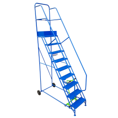 The Industrial 10 tread mobile step (3500h x 1000w x 1905l, platform 2500mm high) features wheels, safety rails, and a top platform—ideal for accessing warehouse racking and industrial applications.