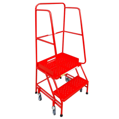 The Industrial 02 tread mobile step NARROW AISLE features two steps, side handrails, and four caster wheels—ideal for safe access to warehouse racking and elevated areas. Size: 1500h x 600w x 735l; platform height: 500mm.