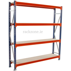 The (K) Longspan Shelving unit, measuring 2000H x 1200W x 400D, features four timber shelves with a sturdy blue frame and orange beams. Ideal for garage storage, this industrial shelving solution stands out perfectly against a white background.