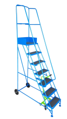 A blue Industrial 07 tread mobile step for narrow aisles, 2750h x 630w x 1510mm, with a 1750mm high platform, safety handrails, and wheels for easy movement, isolated on a white background.