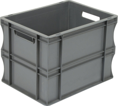 The Euro Container 400d x 300w x 290h grey is a durable polypropylene carbonate storage bin with open handles on two sides, shown empty against a white background.