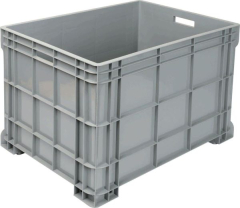 The Stacking Container 933d x 666w x 635h Grey is a large, rectangular plastic crate with reinforced sides, a handle slot, and optimal internal dimensions for storage. Model SC946764G includes easy-to-reference external measurements.
