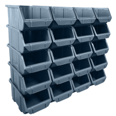 A set of twenty grey Storage Part Bins A200 (114h x 148w x 255d), open at the front for easy access, ideal for organizing items in rows and columns on shelves.