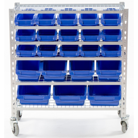 Bin Rack 22 Bin Blue 905h x 855w x 390d c/w Castor Wheels