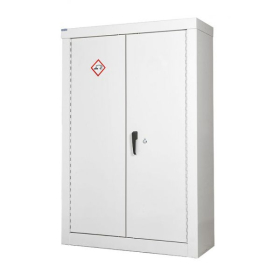 The Acid & Alkali Cupboard (1800H x 1200W x 460D) features a white metal body, double doors with black handle and lock, hazardous material warning on the upper left door, and comes with 3 shelves for secure storage of caustic substances.