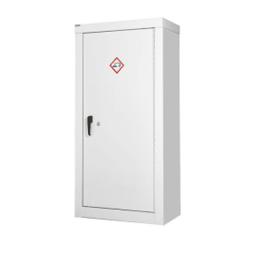 The Acid & Alkali Cupboard (1800H x 900W x 460D) is a tall, white metal cabinet with three shelves, a black handle, and a hazardous materials symbol, designed for safe acid storage in industrial environments.