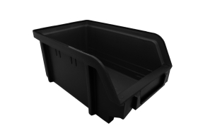 The Storage Part Bins Art 102 Eurobox, black plastic with a slanted open front and sturdy handle, measures 73h x 103w x 166d. Its rectangular design is perfect for organizing or storing small items. Available in quantities of 36.