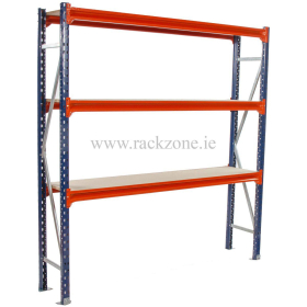 The Longspan Shelving unit (2500H x 1800W x 800D) includes three orange shelves on a blue frame, with the middle shelf serving as a whiteboard. Ideal for sturdy storage, it discreetly displays rackzone.ie against the white background.